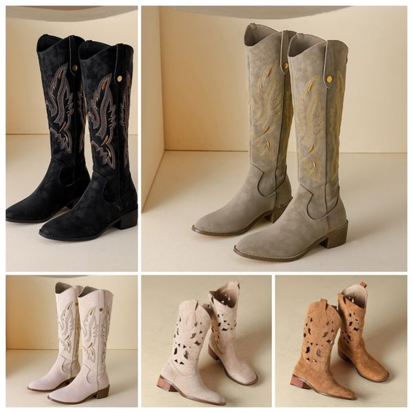 

Embroidery long over knee boots square head hollow boots female chunky heel show models cowboy boots retro ethnic style elastic knight boots western boots, Red