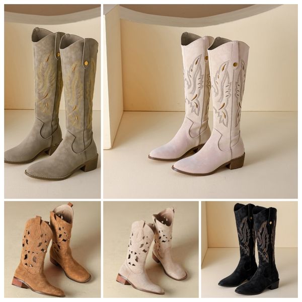 

2024 Embroidery long over knee boots square head hollow boots female chunky heel show models cowboy boots retro ethnic style elastic knight boots and western boots, Red