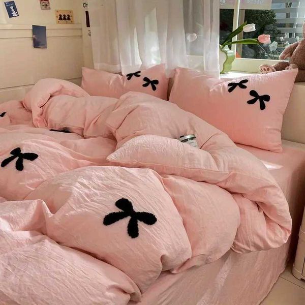 

Princess Bowknot Bedding Set - Pink Solid Color Washed Cotton Duvet Cover Bed Flat Sheet for Girls, Single, Double Y240730, Black