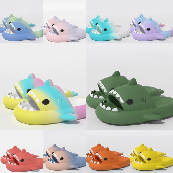 

2024 summer new fashion Slippers womens cartoon style funny cute Gradient blue green Rainbow color Shark mouth black slippers, Beige