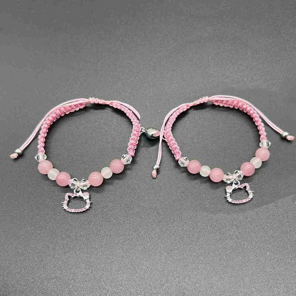 Pink Crystal Cat Friendship Bracelet Best Friend Bff Festival Matching Rope Chain Bracelet Couple Family sistersW240730