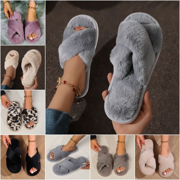 

Winter slippers cross opening fall and winter home non-slip flat bottom couple models dew-toe hairy slippers cotton shoes female, Brown