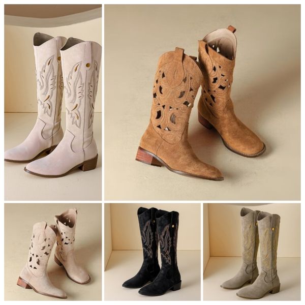 

2024 Embroidery long knee boots square head hollow boots female chunky heel show models cowboy boots retro ethnic style elastic knight boots and western boots, Black