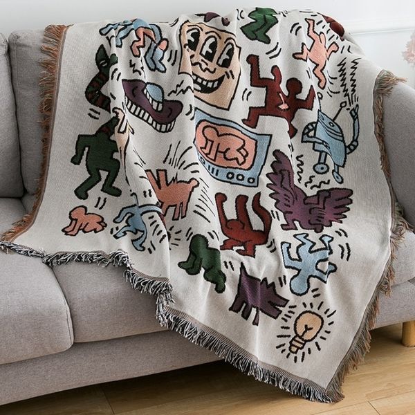 

FMOVE designer blanket Textile City Ins Jigsaw Puzzle Throw Blanket Jacquard Weave Graffiti Home Decorative Tassels Tapestry Outdoor Camping Mat, Multicolor