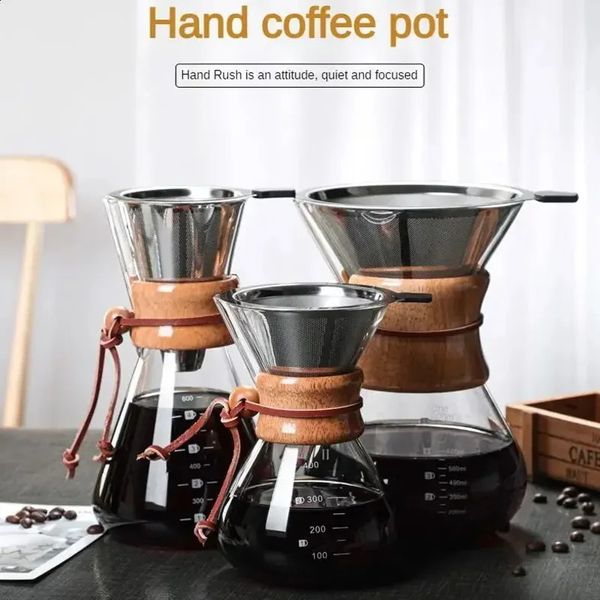 Hand Glass Coffee Kettle with Stainless Steel Filter Drip Brewing Brewer Coffee Pot Dripper Barista Pour Over Coffee Maker 240731