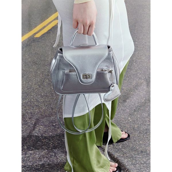 

Niche ins silver backpack summer simple trend small fragrance handbag casual shoulder bag bags