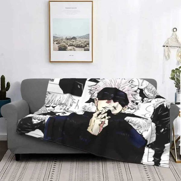 

Gojo Satoru Collage Manga Fleece Blankets Jujutsu Kaisen Anime Vintage Throw Blanket for Home Bedspread Y240730, Black