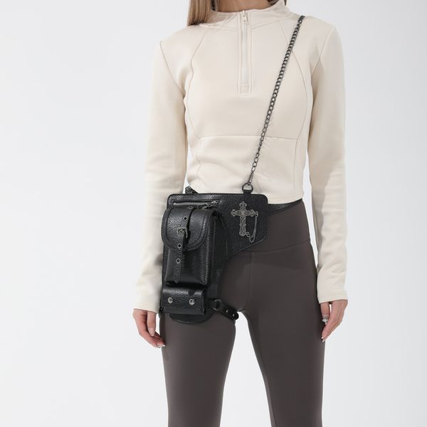 

Sales factory women handbags 4 colors personality spice sports leather motorcycle bag cool casual running beam leg bag street trend rivet mobile phone bag 1089#, White
