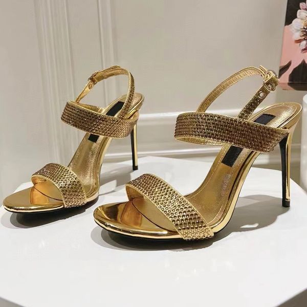 

Luxury Designer shoes crystal encrusted Metallic feeling High Heel Sandals 10cm Women Fashion Buckle party Dress shoes Wedding High Heels Summer golden Ankle, Silver