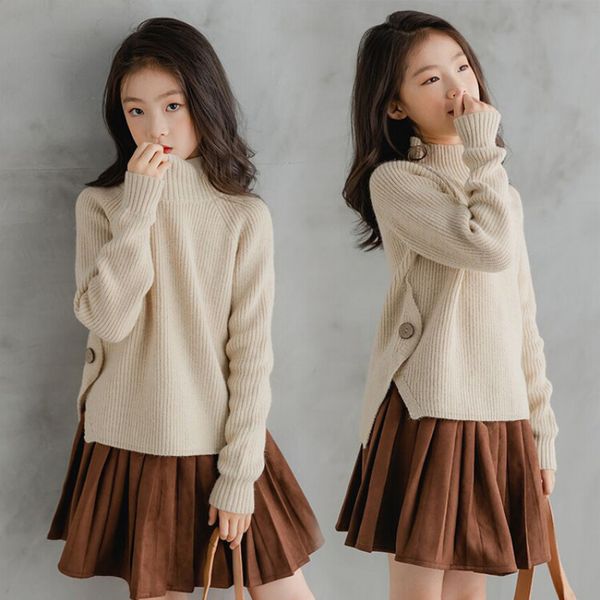 

Girls' Sweater Autumn/winter Korean Edition Children's Mid to Big Children's Half High Neck Split Thickened Warm Knitted Sweater Thick Wool, Beige