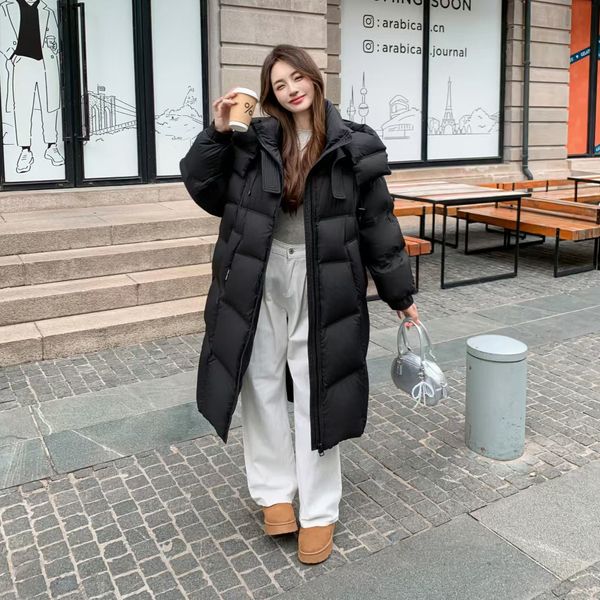 

Casual Ladies' Waterproof Hooded Down Coat - Thickened Material, Midi Length, Ideal for Cold Weather, White