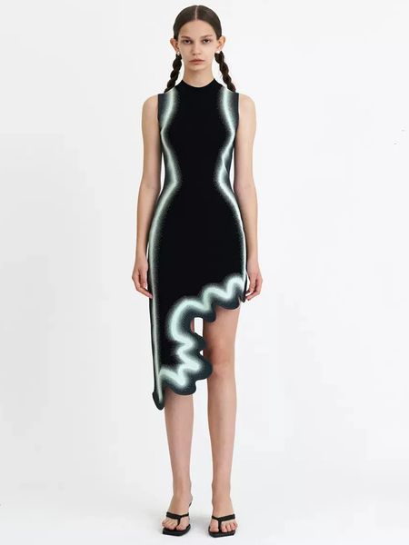 

Modphy 2024 Asymmetrical Wavy Hem Round Collar Devise Tie Dyeing Printing Pink Knit Sleeveless Dresses Female Knitting Vestido 240327, White
