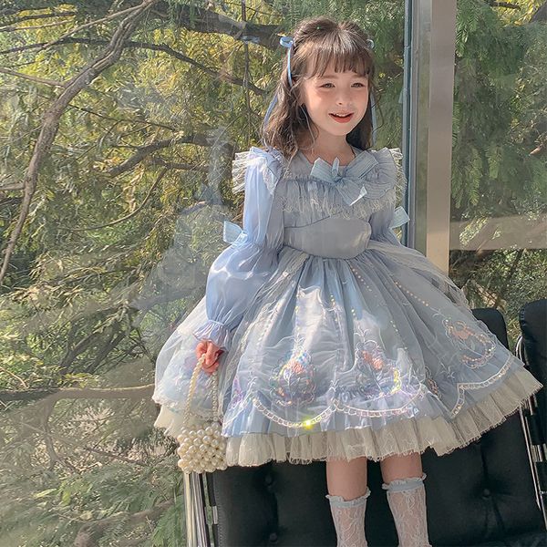 

Pure New Girl's Dress, Loli Princess Dress, Sweet Children's Gauze Dress with Headdress and Skirt Support, Blue