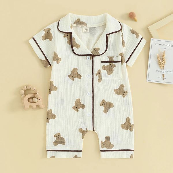 

Baby Girls Summer Jumpsuit Pajama Short Sleeve Lapel Bear Print Button Up Sleepwear Cotton Rompers 240325, Beige