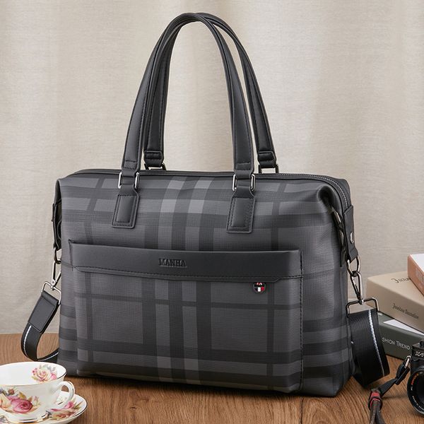 

Factory wholesale mens shoulder bag this year's popular plaid handbag large waterproof and wear-resistant leather travel bag multi-layered men backpack 20801#, Black