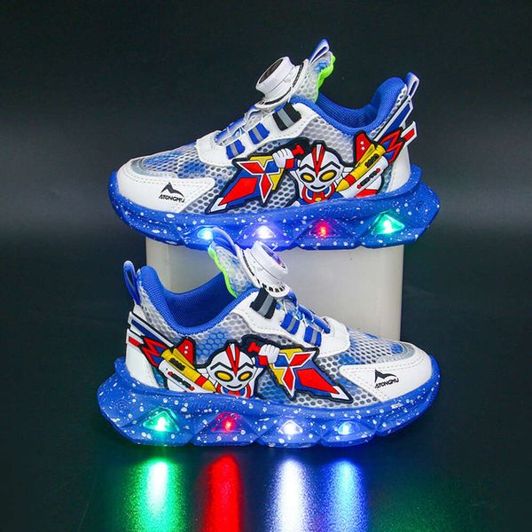 

2024 Spring Autumn New Mesh Waterproof Shoes with Lights, Small and Medium Sized Boys' Running Shoes, Rotating Button Sports, Red