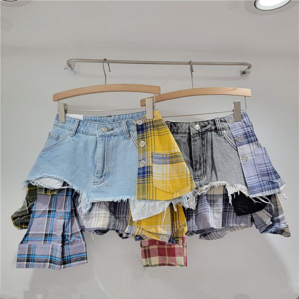 

Designer Clothes Women Jeans Summer deconstructed blue yellow checkered high waisted A-line denim shorts small irregular skirt Street style, Black