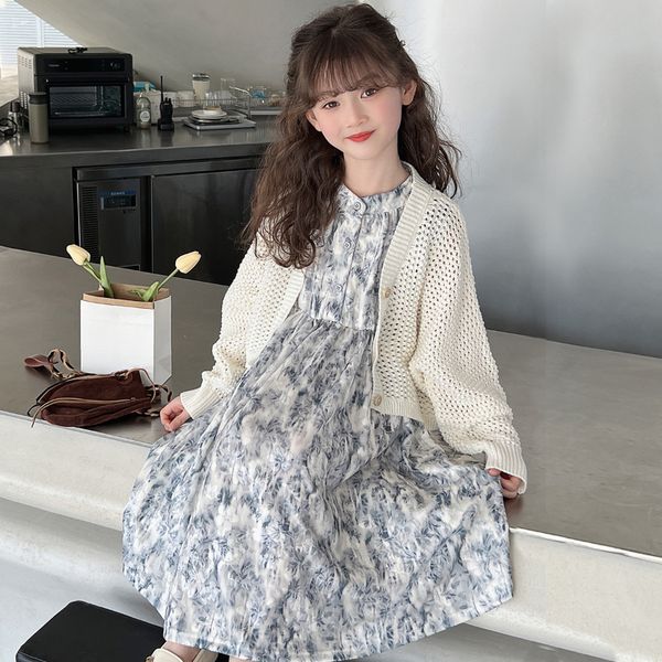 

Girls Spring Korean Edition Little Girl Internet Red Knitted Cardigan Coat Long Dress Two Piece Set, Blue