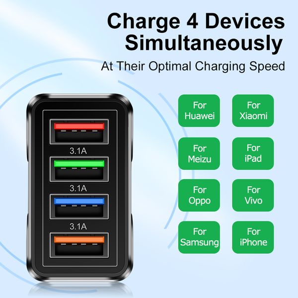 Fast 4 USB Charger Quick 2025 new Charge 3.0 Fast USB Wall Charger Portable Mobile Charger QC 3.0 Adapter for Xiaomi iPhone X EU US Plug