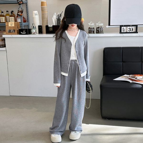 

Girl's 2024 Spring New Korean Two Piece Set: Big Girl V-neck Cardigan Wide Leg Pants Two Piece Set Trendy, Gray