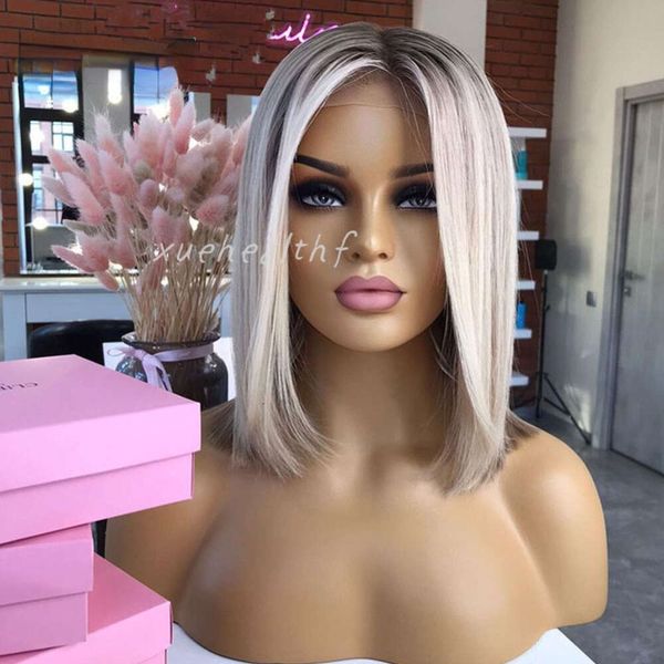 

Blonde Ash Highlight Lace Front Wig Human Hair 360 Lace Frontal Wigs HD Transparent Short Straight Bob Wigs for Women Synthetic Heat Resistant al s s, Ombre color