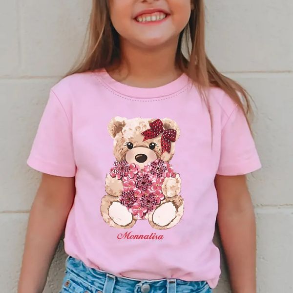 

Girls summer round neck short sleeved T-shirt new trend cartoon printed top for girls, Pink