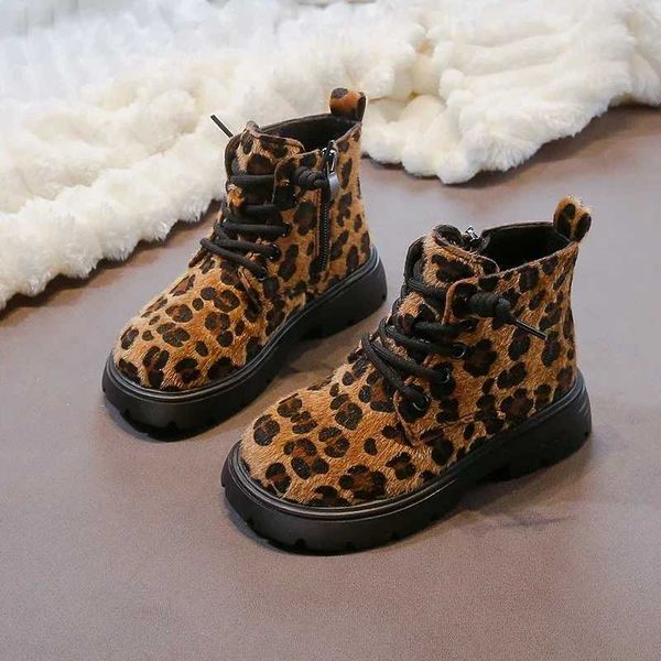 

High Quality Winter girls new fashion leopard print shoulder ankle retro childrens platform cotton boots comfortable T241102, Brown