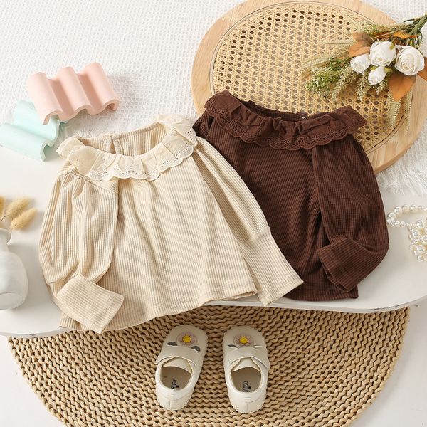 

Girls Korean version lace base shirt autumn new round neck solid color children's versatile casual long sleeve T-shirt, Beige