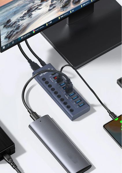 10 PORTS USB 3.0 Hub+PD 20W Charger+QUICK QC 3.0 Charger Speed Splitter Adapte Expander+12V 5A AC Power For Keyboard Mouse PC Ph