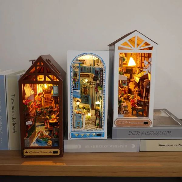 Diy Wooden Book Nook Shelf Insert Miniature Building Kit Sea House Casa Bookshelf Assembly Bookend For Adults Girl Birthday Gift