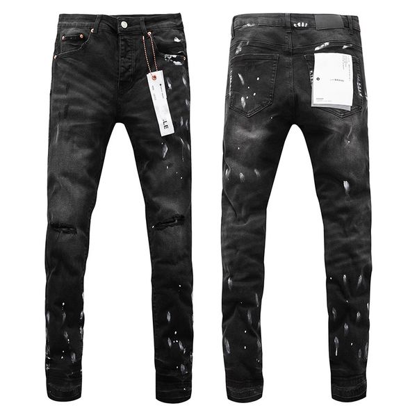 

Usa Men Street Wear Old Black Gray Jean Rip Paint Ink Jet Micro Elastic Pocket Slim Fit Jeans Button Fly Purple Man Designer