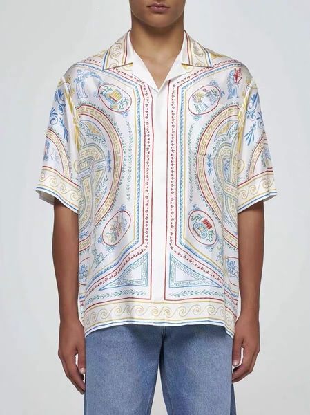 

24ss tn Men Designer Silk Casual Shirts Casacalo New Quality Classic Lapel Neck Button Patter Print Vacation Style Hawaii Loose Versatile Short Sleeve Silk Shirt Top, Yellow