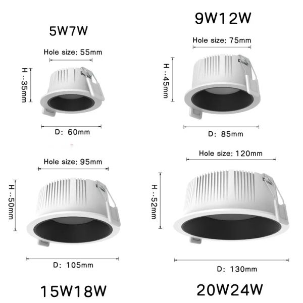 Deep anti-glare downlight led embedded new sky light can 2025 be dimmed 5W7W9W12W 15W 18W household living room kitchen corridor lighting