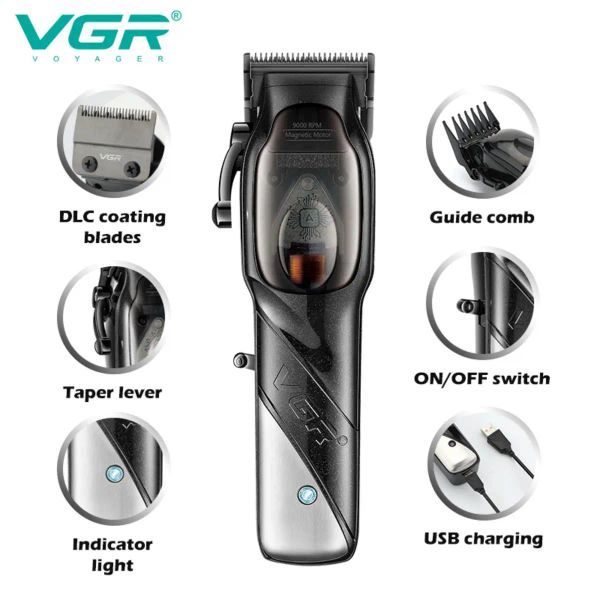 VGR Hair Clipper 9000 RPM Professional Hair Trimmer DLC Coating Haircuts Machine High Power Magnetic Motor Trimmer for Men V-002