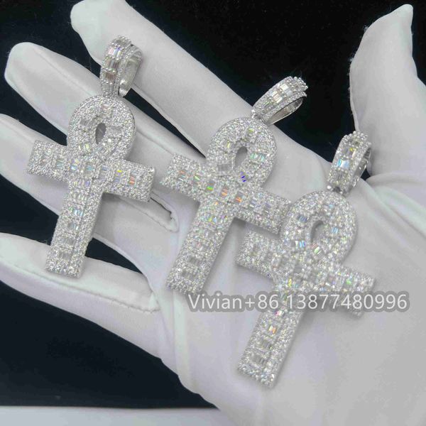

Fine jewelry silver 925 iced out hip hop rapper jewelry men moissanite diamond ankh cross pendant