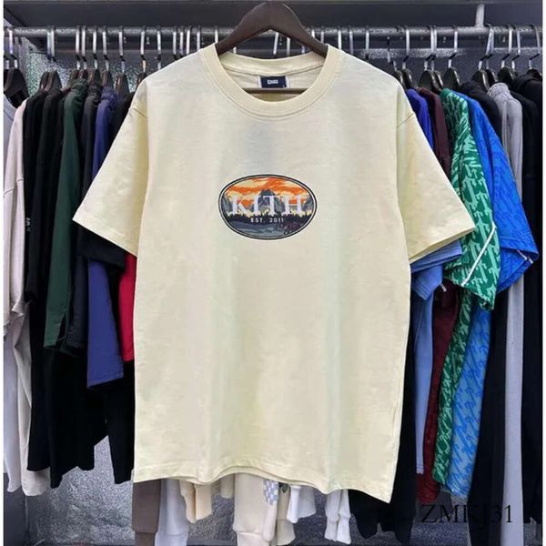 

Kith T Shirt Mens Designer T Shirts Cloud Fun Forest Brand Kith Shirts Print High Quality Cotton Oversized Kith Short Sleeve T-shirt 3206, Light tan