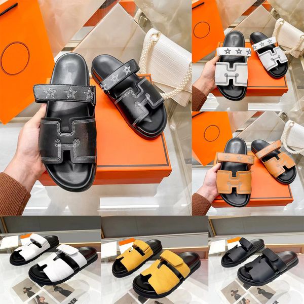 

Designer Slides sandals H Slippers Beach Classic Flat Sandal Luxury Summer Lady Leather Flip Flops Men Women 35-42, Ivory
