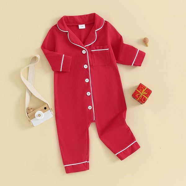 

Baby Girls Summer Jumpsuit Pajama Red Long Sleeve Lapel Button Up Sleepwear Romper 240325