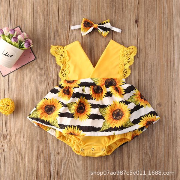 

Spring and Summer Printed Jumpsuit for Infants and Young Children, Two-piece Set for Girls, Princess Dress, Yellow