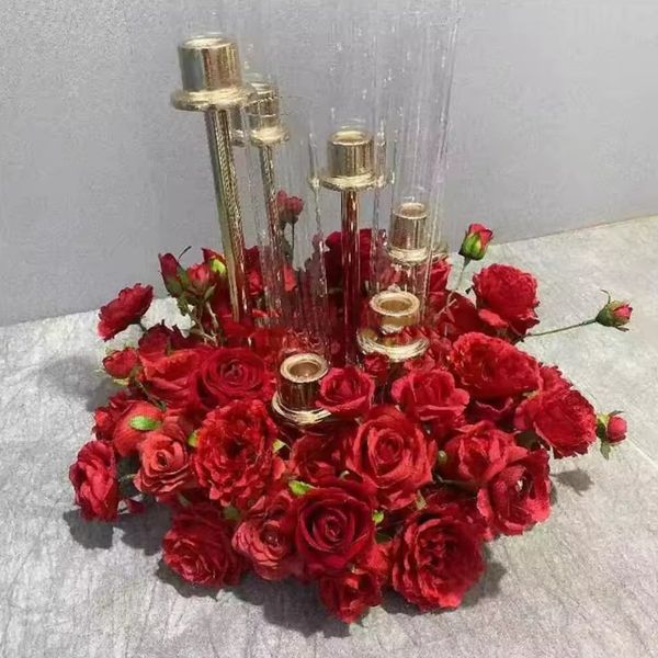 Custom Candlestick Base Flower Hoop Rose Baby Breath Floral Garland Wedding Decorative Flowers Wreaths