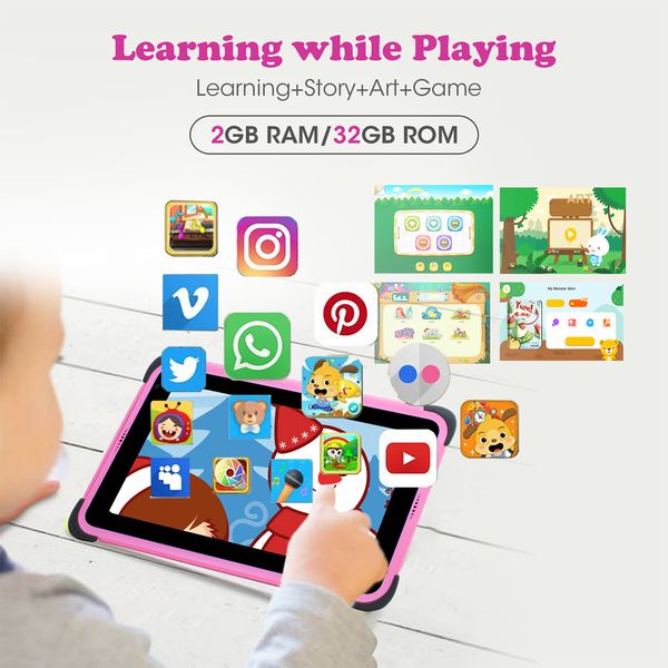 7 Inch HD Tablet for Children Android 11 WIFI Quad Core 2GB 32GB 3000mAh Learning Tablets for Kids Baby Stand educational games