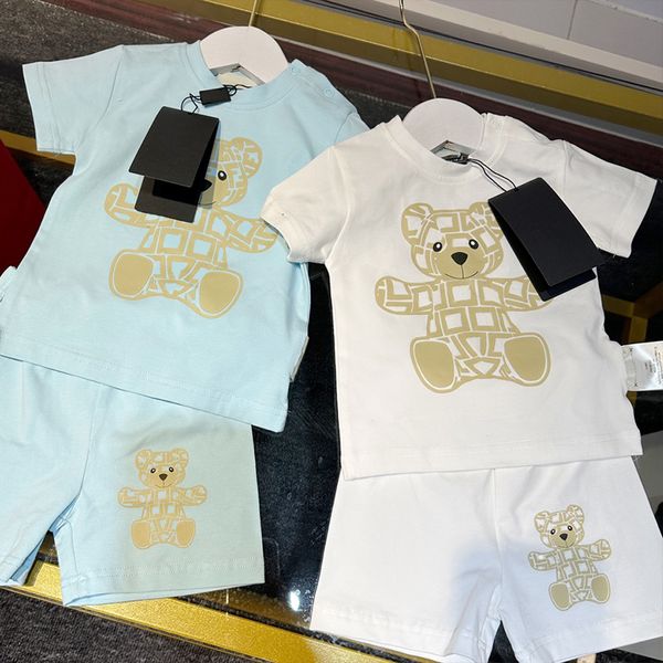 

Babies Brand Casual Suit Bear Letter Short Sleeve Set Summer Cotton Shorts Cute Tracksuit White Gray Clothing Sets 66-100cm, Blue