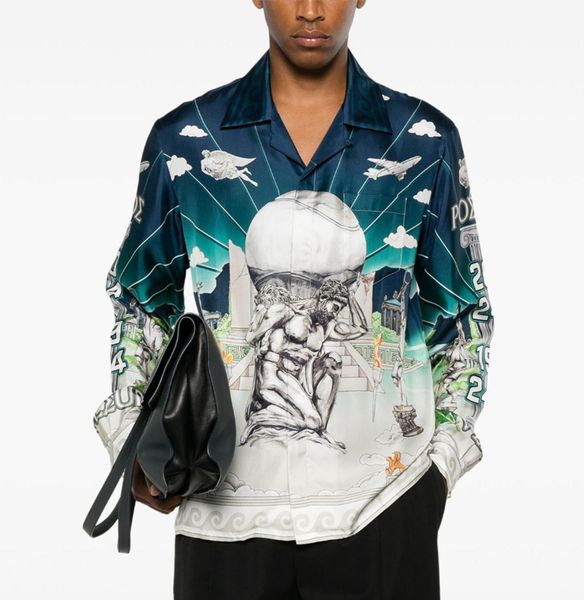 

24ss High Quality Men Designer Silk Casual Cardigan Shirt Casacalo New Classic Style Patter Print Vacation Tourism Lapel Button Long Sleeved Silk Shirt Fashion Tops, Purple