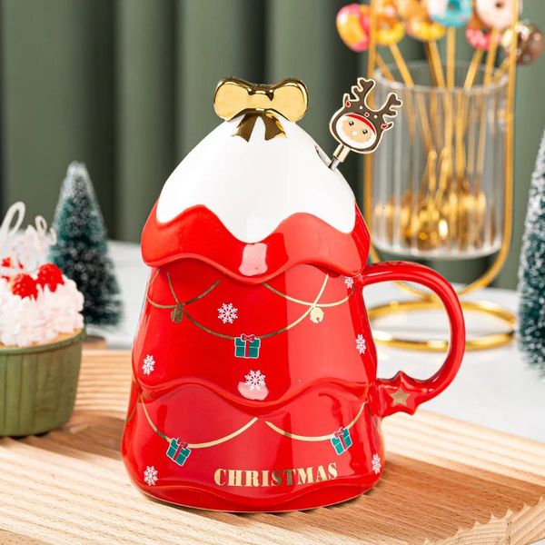 

Cartoon Large Capacity with Lid and Spoon Gift Ceramic Christmas Tree Water Mugs Coffee Cups 241104, Green