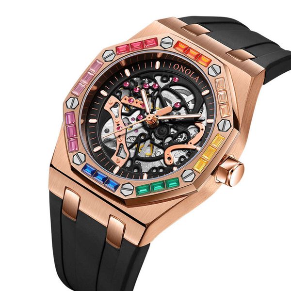 

92 Onola/orona Fashion Tiktok New Rainbow Diamond Fully Automatic Mechanical Men's Silicon Tape Waterproof Watch 98, Bronze