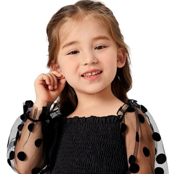 

WDIRARA Toddler Girl's Polka Dots Mesh Flounce Long Sleeve Flared Shirred Dress, Black