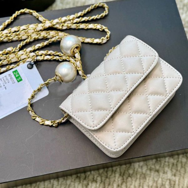 

Real leather Woman Women luxurys Designers bags Shoulder bag Handbags Messenger Chain Bag Clutch Flap crossbody Wallet lady clutch Fortune bag Pearl chain bag 12m, White
