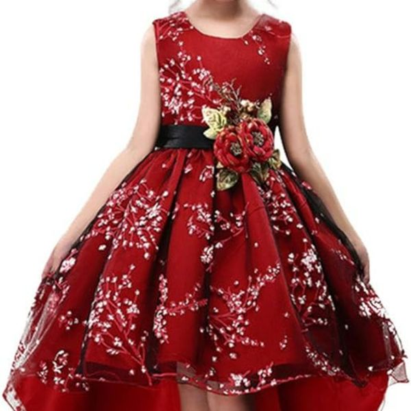 

WEONEDREAM Princess Girls Dress for Wedding Birthday Party with Train, Red