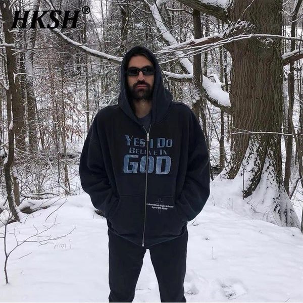 

Mens Hoodies HKSH Spring Autumn Tide Letter Print Short Wide Vintage Coat Patchwork Zipper Hooded Trendy Sweatshirt HK0519, Blue