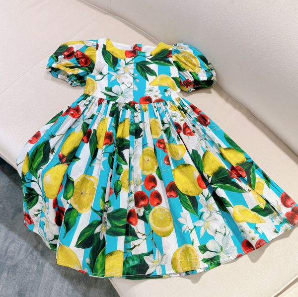 

2024 Clothes Western Style Fruit Print Girl Dress Spring Summer New Children Casual Short-sleeve Sweet Princess Dresses, Blue